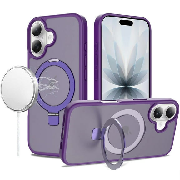 For iPhone 17 Magnetic Matching Ring Stand Full Rotation Matte Hybrid - Dark Purple