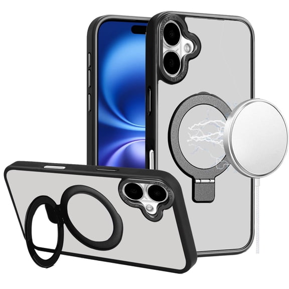 For iPhone 17 Metal Chrome Kickstand [Magnetic Circle] Shockproof Matching Camera Hybrid - Black