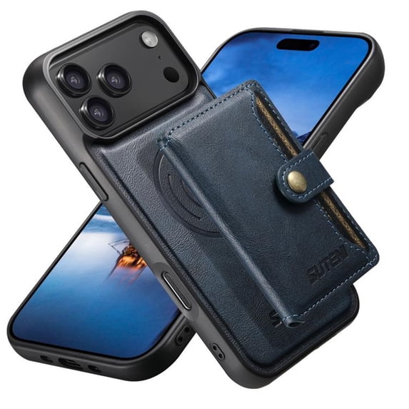 For iPhone 17 Pro 6.3" 2 in 1 Detachable Back Cover Wallet Case, With Card Holder Leather Pocket Slim Phone Case,Blue,For iPhone 17 Pro