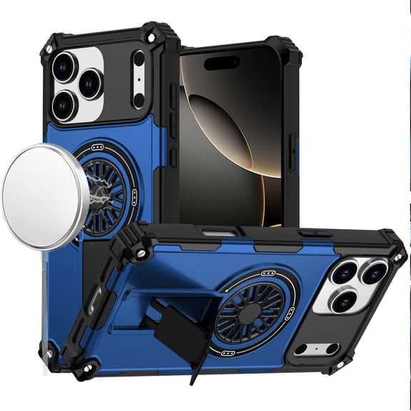 For iPhone 17 PRO Case Rugged Magnetic Circle w/ Pop-Out Stand + Tempered Glass