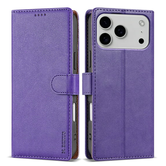 For iPhone 17 Pro Case, Classic Retro Solid Color Series with Card Slots and Stand Function PU Leather Phone Case, Purple
