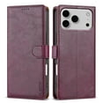thumbnail image 1 of For iPhone 17 Pro Case, Classic Retro Solid Color Series with Card Slots and Stand Function PU Leather Phone Case, Wine Red, 1 of 15
