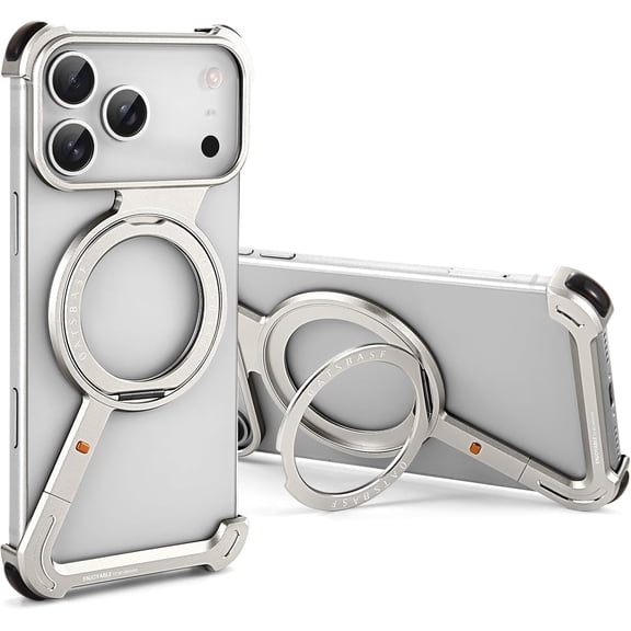 For iPhone 17 Pro Frameless Phone Case, 360° Rotation Kickstand Aluminum Metal Bumper Z Case, Protective Shock for iPhone 17 Pro