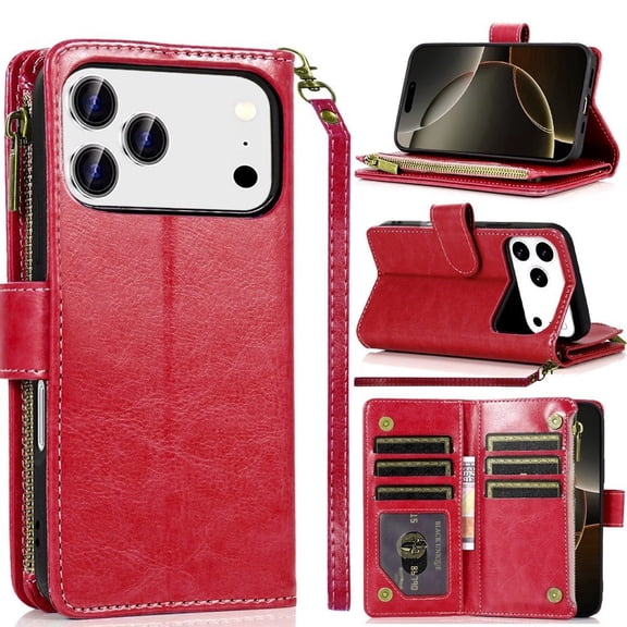 For iPhone 17 Pro Luxury Wallet Card ID Zipper Money Holder Case Cover - Red