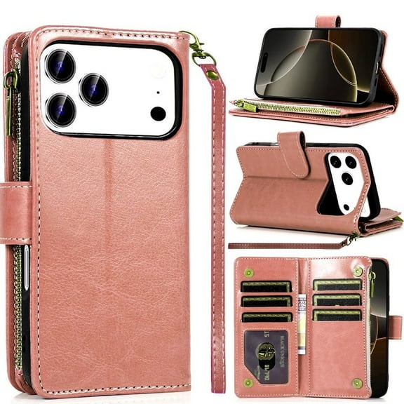 For iPhone 17 Pro Luxury Wallet Card ID Zipper Money Holder Case Cover - Rose Gold
