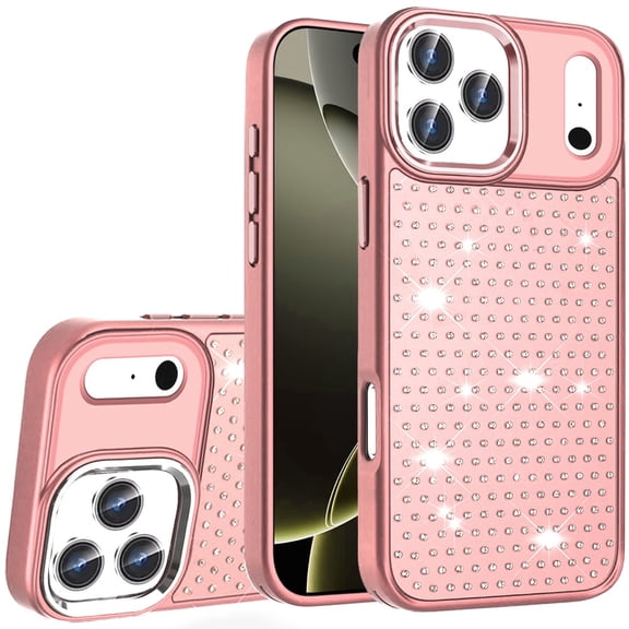 For iPhone 17 Pro Max Beautiful Diamond Metallic Design Metal Chrome Edged Hybrid - Rose Gold