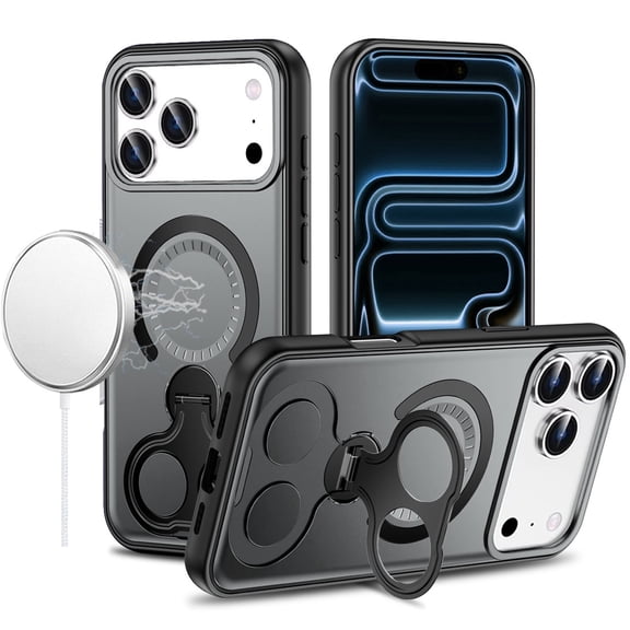 For iPhone 17 Pro Max Car Mount with 2-Ring Stand Hybrid Case - Gray