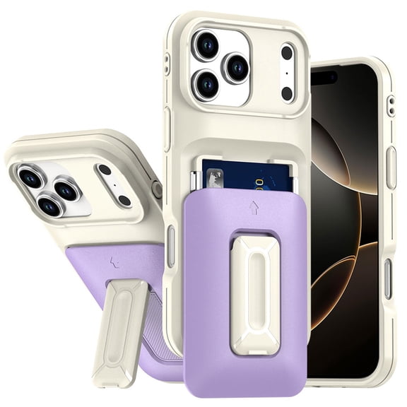 For iPhone 17 Pro Max Card Holder (2X) with Wrist Strap Hybrid With KickStand - Beige+Light Purple