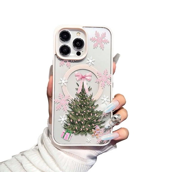 For iPhone 17 Pro Max Case Christmas Tree Clear Pink Bow Festive Holiday Gift Design Compatible with iPhone 16 15 14 13
