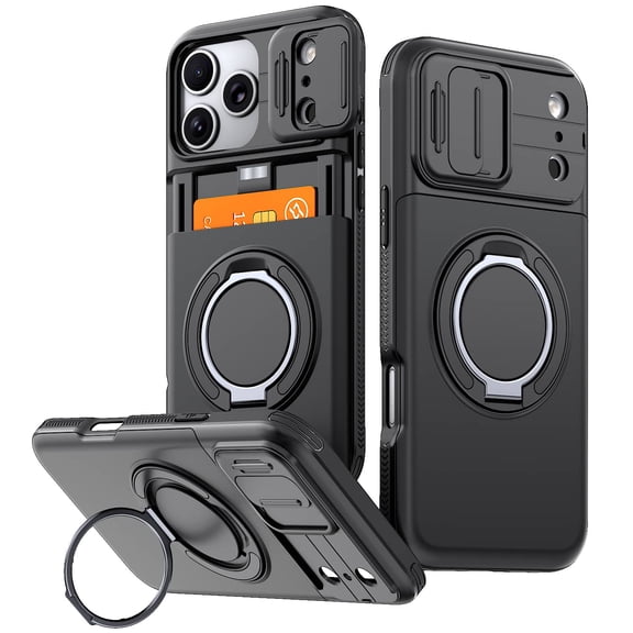 For iPhone 17 Pro Max Case with Card Holder & Kickstand & Slide Camera Lens Cover & Camera Stand & Wallet, Heavy Duty Rugged Phone Case Cover
