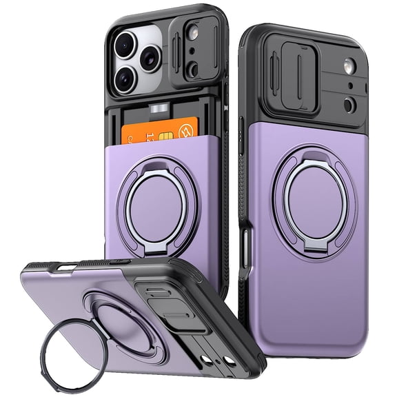 For iPhone 17 Pro Max Case with Card Holder & Kickstand & Slide Camera Lens Cover & Camera Stand & Wallet, Heavy Duty Rugged Phone Case Cover