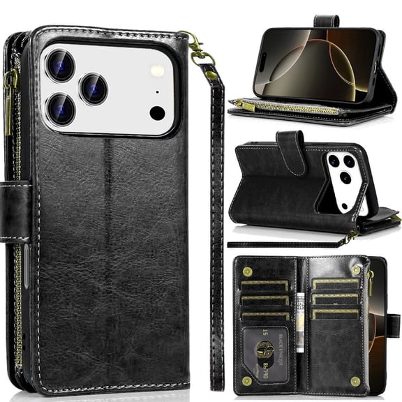 For iPhone 17 Pro Max Luxury Wallet Card ID Zipper Money Holder Case Cover - Black