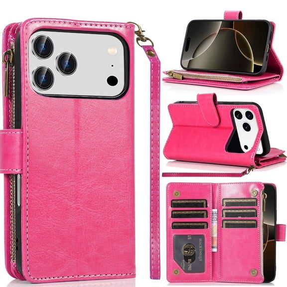 For iPhone 17 Pro Max Luxury Wallet Card ID Zipper Money Holder Case Cover - Hot Pink