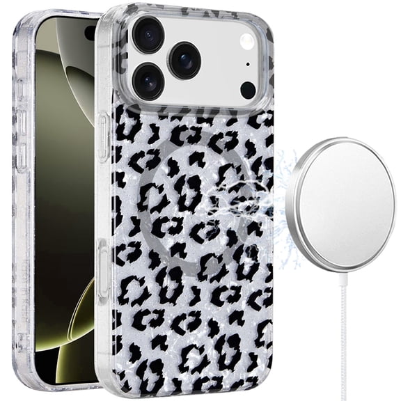 For iPhone 17 Pro Max [Magnetic] Double Layer Design IMD Case - Silver Leopard