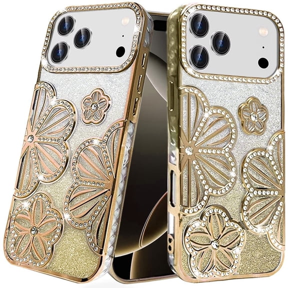 For iPhone 17 Pro Max Case Bling Floral 3D Glitter Phone Cover + Tempered Glass