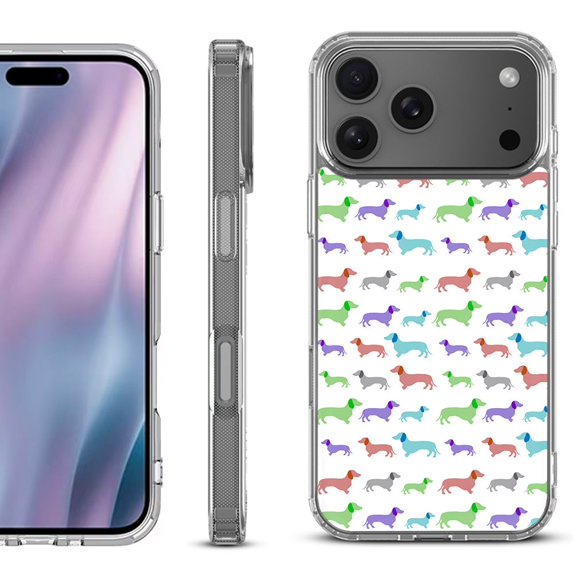 For iPhone 17 Pro Max Protective Shockproof Phone Case, by OneToughShield - Colorful Dachshund/Puppy