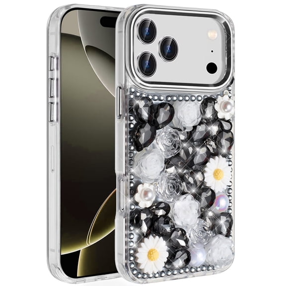 For iPhone 17 Pro Max Spectacular Full Bling Stones Glitter HQ Hybrid Floral Series - Black