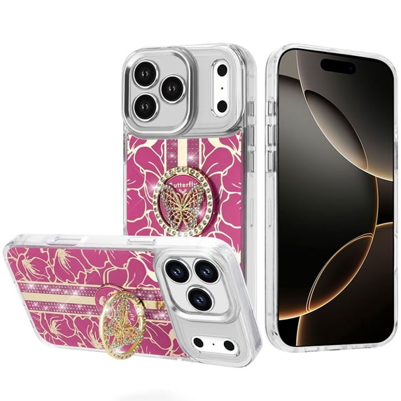 For iPhone 17 Pro Max Splendid Floral Designs with Metal Camera and Buttons with Butterfly Ring Stand Hybrid Case - Hot Pink