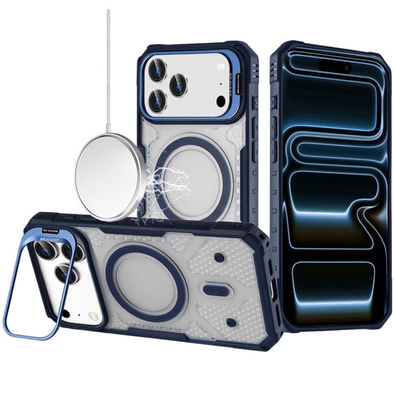 For iPhone 17 Pro Max Tough Dotted Design HQ Hybrid with Metallic Camera Stand Magnetic Ring Case - Dark Blue