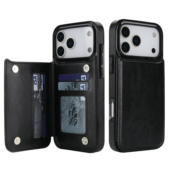 For iPhone 17 Pro Max Wallet Case with Card Holder, PU Faux Leather Kickstand Card Slots Case, Double Magnetic Clasp and Durable Shockproof Cover