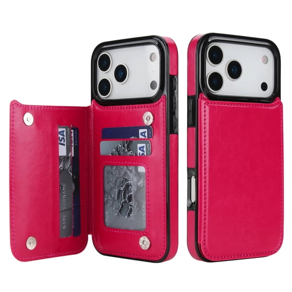 For iPhone 17 Pro Max Wallet Case with Card Holder, PU Faux Leather Kickstand Card Slots Case, Double Magnetic Clasp and Durable Shockproof Cover