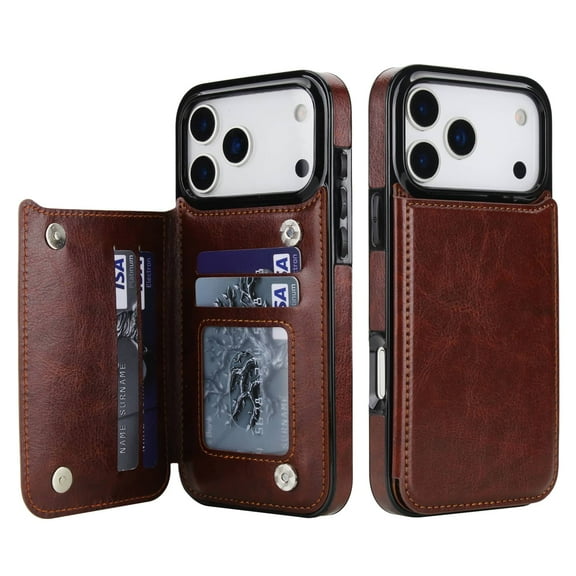 For iPhone 17 Pro Max Wallet Case with Card Holder, PU Faux Leather Kickstand Card Slots Case, Double Magnetic Clasp and Durable Shockproof Cover