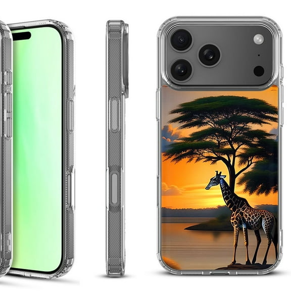 For iPhone 17 Pro Shockproof Protective Phone Case, by OneToughShield - Giraffe Sunset
