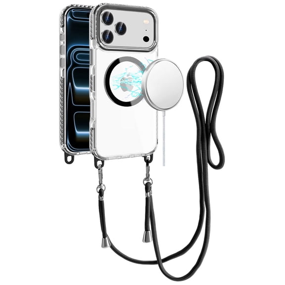 For iPhone 17 Pro Transparent HQ Clear Line Design Edged Hybrid [Magnetic Circle] with Matching Lanyard - Black