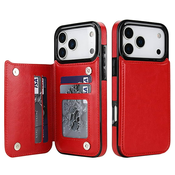 For iPhone 17 Pro Wallet Case with Card Holder, PU Faux Leather Kickstand Card Slots Case, Double Magnetic Clasp and Durable Shockproof Cover
