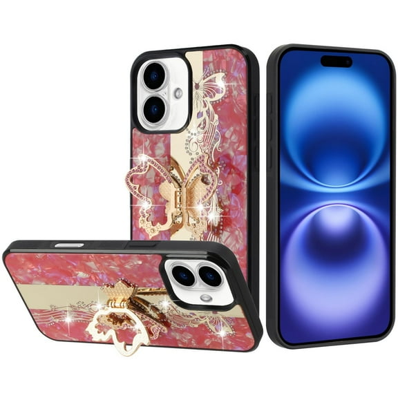 For iPhone 17 SPLENDID Diamond Glitter Ornaments Engraving Case Cover - Enchanted Butterfly Red