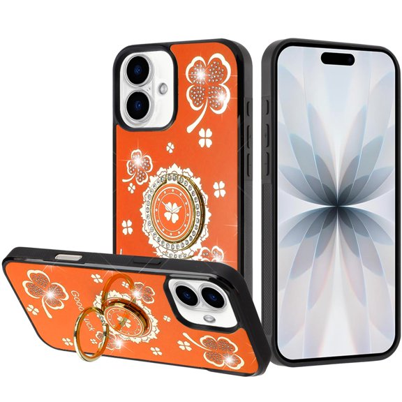 For iPhone 17 SPLENDID Diamond Glitter Ornaments Engraving Case Cover - Good Luck Floral Cosmic Orange