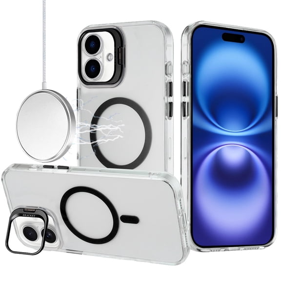 For iPhone 17 Transparent HQ Hybrid with Metallic Camera Stand Magnetic Ring Case - Black