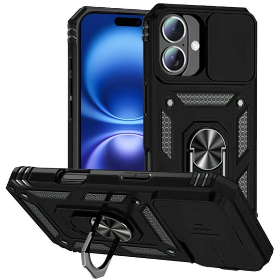 For iPhone 17 Well Protective Magentic Ring Stand Camera Protective Cover Case - Black