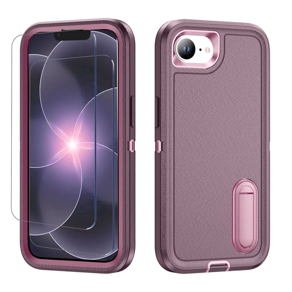 For iPhone 17e Case,2 Pack Screen Glass Protector Film,Military Grade Dual Layer Design,Build Kickstand Shockproof Cover for iPhone 17e(Purple)
