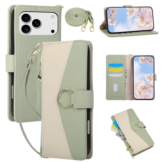 For iPhone 18 Pro 6.3" Wallet Case, Leather Flip Phone Cover with Card Slots and Shoulder Strap,Green,For iPhone 18 Pro
