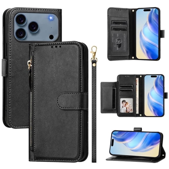 For iPhone 18 Pro Max 6.9-inch Wallet Case Multi-Card Slots Zipper Wallet Leather Phone Case,Black,For iPhone 18 Pro Max