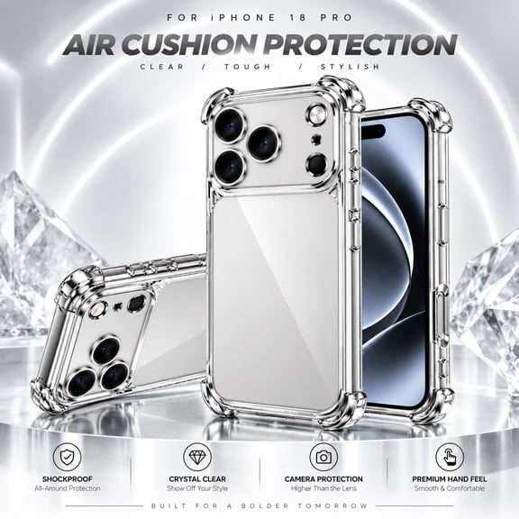 For iPhone 18 Pro Max Case, Clear Shockproof Protective Bumper Phone Cover with Camera Protection