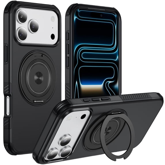 For iPhone 18 Pro Max Phone Case Magnetic 360° Rotating Holder Drop Protector Cover,Black,For iPhone 18 Pro Max