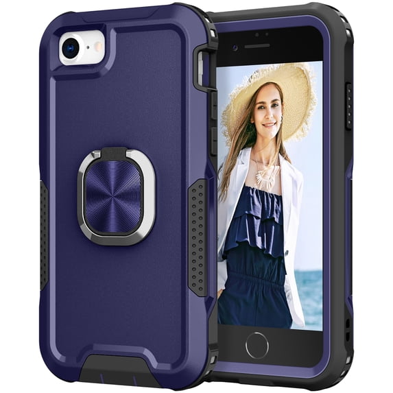 For iPhone 7 / 8 / SE 2020 / SE 2022 Slim Case,Luxury Hybrid Hard PC and TPU Rugged Bumper 3-In-1 Rotatable Magnetic Ring Kickstand Four Corner Guard Shockproof Anti-Scratch Back Phone Cover, Blue
