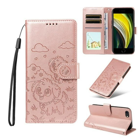 For iPhone 8 Dog Embossing Leather Phone Case with RFID Blocking Card Slot Wallet Magnetic Clasp Lanyard Flip Stand Case,Pink