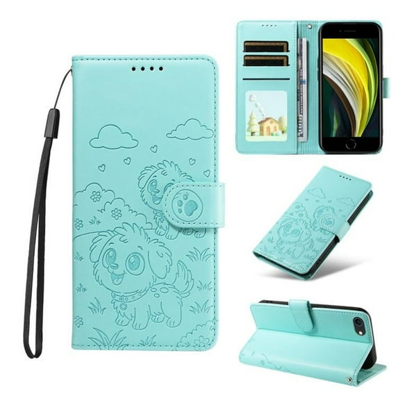 For iPhone 8 Dog Embossing Leather Phone Case with RFID Blocking Card Slot Wallet Magnetic Clasp Lanyard Flip Stand Case,green