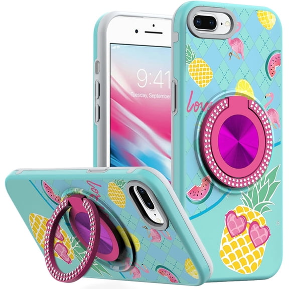 For iPhone 8 Plus/7 Plus Metal Diamond CD Pattern Design Matte Finished Hybrid with Rotational Ring [Car Mount Friendly] Case - Pineapple