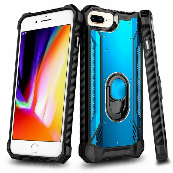 For iPhone 8 Plus Case, iPhone 7 Plus /iPhone 6 Plus/iPhone 6S Plus, NageBee Aluminum Metal Built-in Ring Stand, Full-Body Protective Shockproof Military Bumper Phone Cover (Blue)