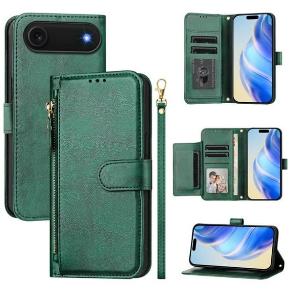 For iPhone Air 6.5-inch Wallet Case for Women Men Multi-Card Slots Zipper Wallet Leather Phone Case,Green,For iPhone Air
