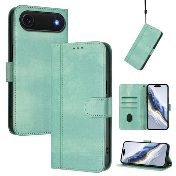 For iPhone Air 6.5inch Phone Case Wallet, Flip Leather TPU Cover with Card Holder Wrist Strap Shockproof Phone Case,Mint Green,For iPhone Air