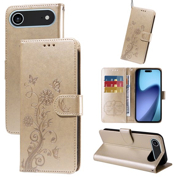 For iPhone Air Embossed Butterfly Flowers With Card Slots And A Cash Compartment Shockproof Kickstand Flip Leather Phone Case,Gold,For iPhone Air