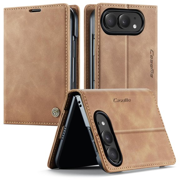 For iPhone Duo, CaseMe 013 Wallet Flip Phone Case with Card Slot and Stand, Brown
