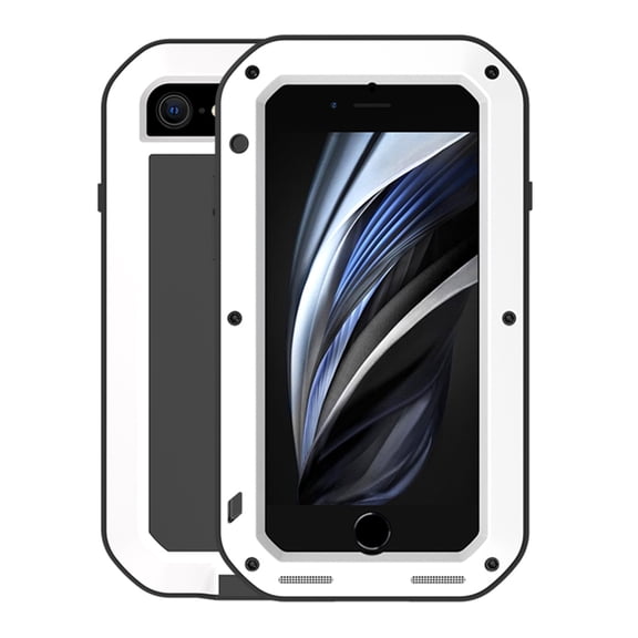 For iPhone SE 2022 / SE 2020 / iPhone 8 / iPhone 7 Heavy Duty Durable Metal Full Body Protective Case Built-in Screen Protection Shockproof Dustproof Rugged Military Grade Defender Cover, White