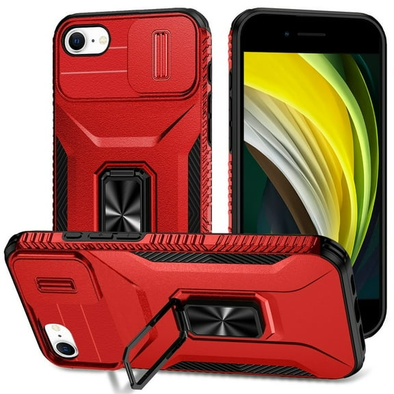 For iPhone SE 3 (2022) SE/8/7 Complete Magnetic Metal Ring Stand Camera Protection Hybrid - Red