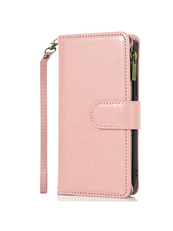 For iPhone 17E / 16E / SE4 Luxury Wallet Card ID Zipper Money Holder - Rose Gold